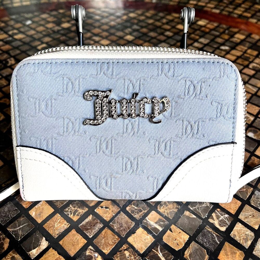 Juicy Couture Wallet Blue Embossed Design White Accents Rhinestone Logo